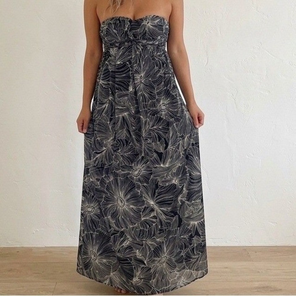 Whimsigoth Black White Floral Maxi Dress 2 XS Strapless Tube Sweetheart Romantic